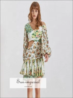 Garden Dress- Floral Print off Shoulder Cut off Waist Women Mini Dress Lantern Long Sleeve