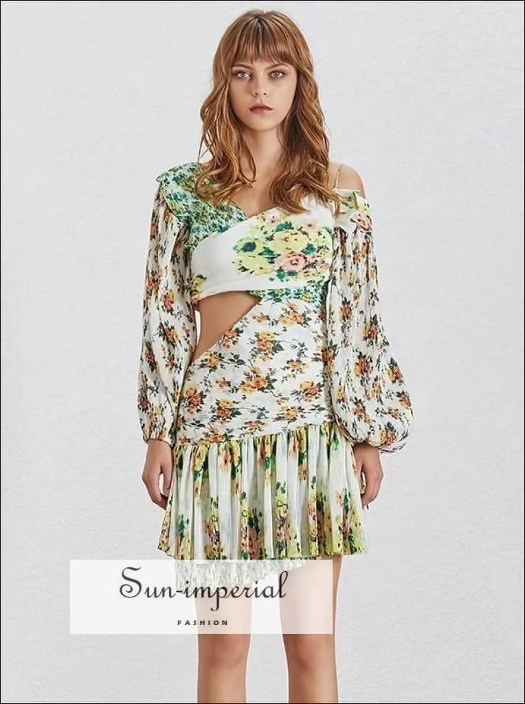 Garden Dress- Floral Print off Shoulder Cut off Waist Women Mini Dress Lantern Long Sleeve