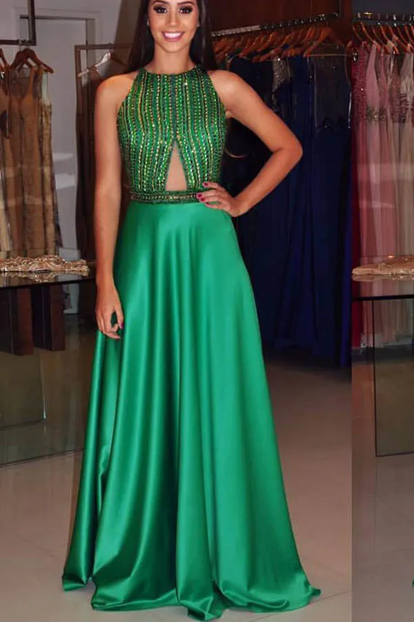 Green Sleeveless A Line Open Back Beading Prom Dresses