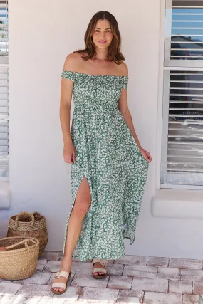 Gypsy Off Shoulder Green Ditsy Print Shirred Maxi Dress