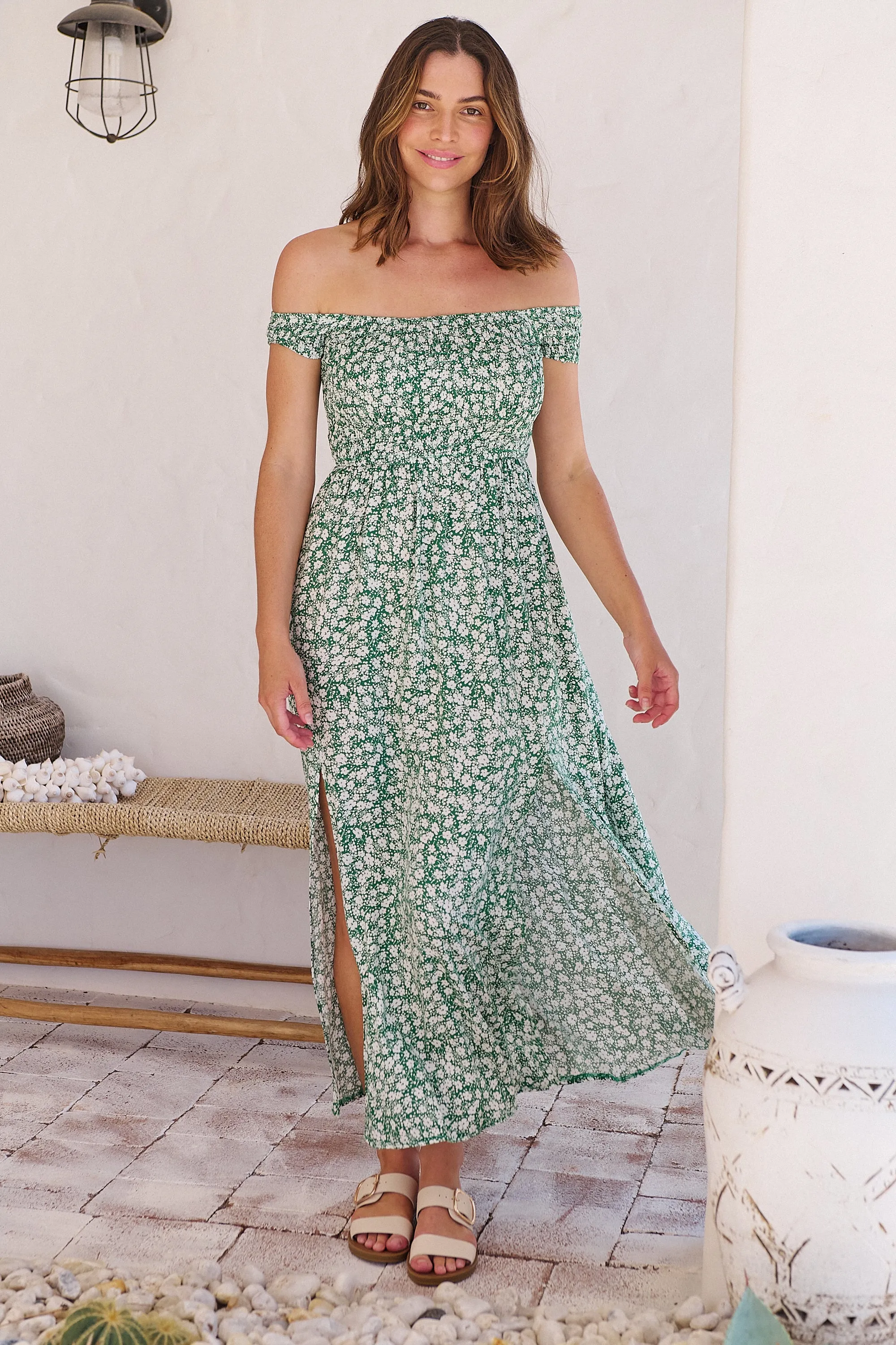 Gypsy Off Shoulder Green Ditsy Print Shirred Maxi Dress