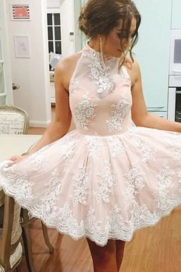 Halter Sleeveless Appliques Keyhole Back Short Homecoming Dresses