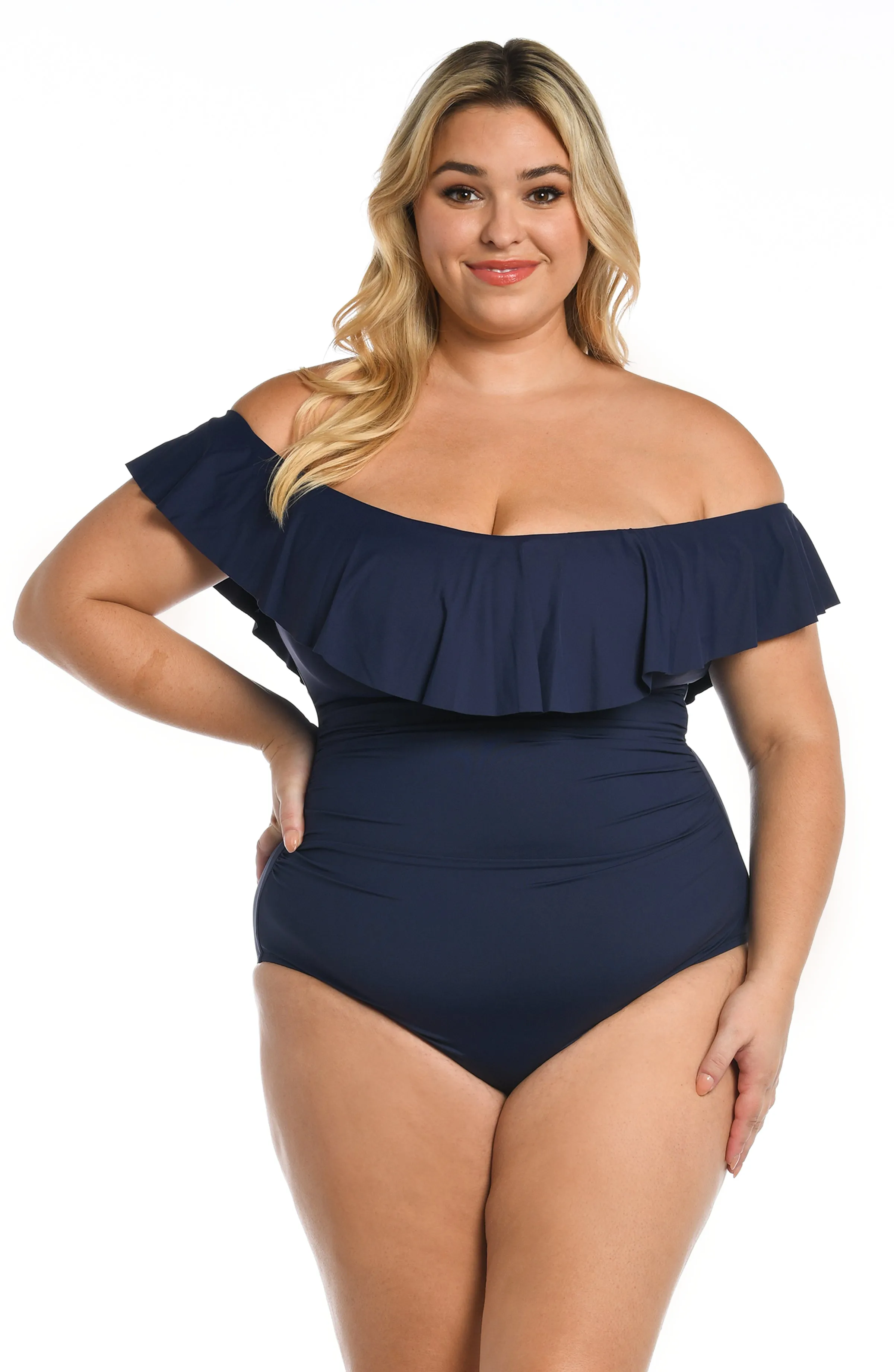 Island Goddess Off Shoulder Ruffle One Piece - Indigo