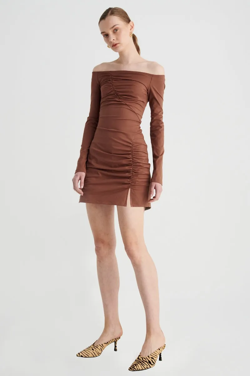 Ivy Long Sleeve Off Shoulder Dress - Chocolate