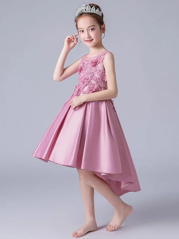 Jewel Neck Sleeveless Hi-Lo Flower Girl Dresses Embroidered Formal Kids Pageant Dresses