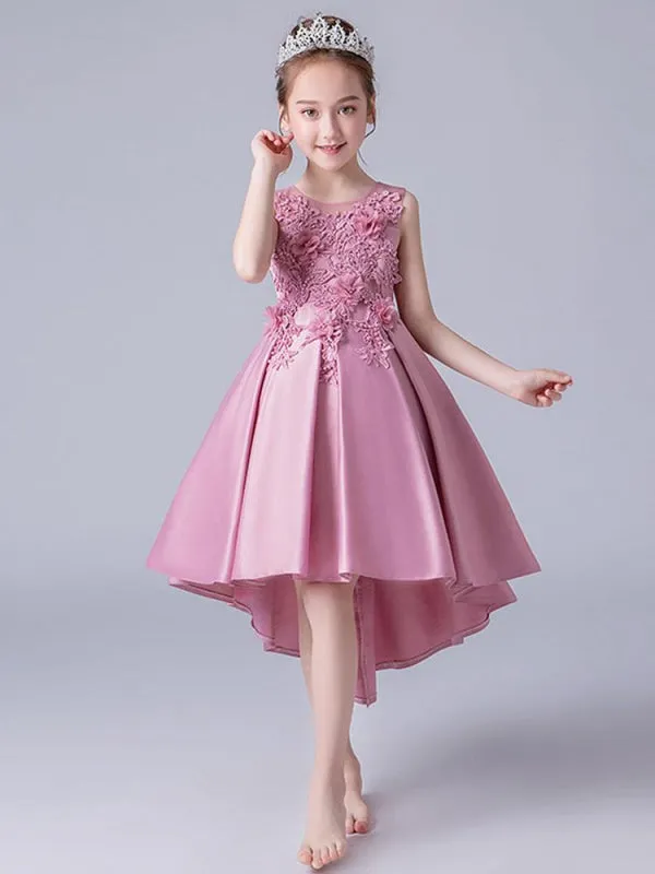 Jewel Neck Sleeveless Hi-Lo Flower Girl Dresses Embroidered Formal Kids Pageant Dresses