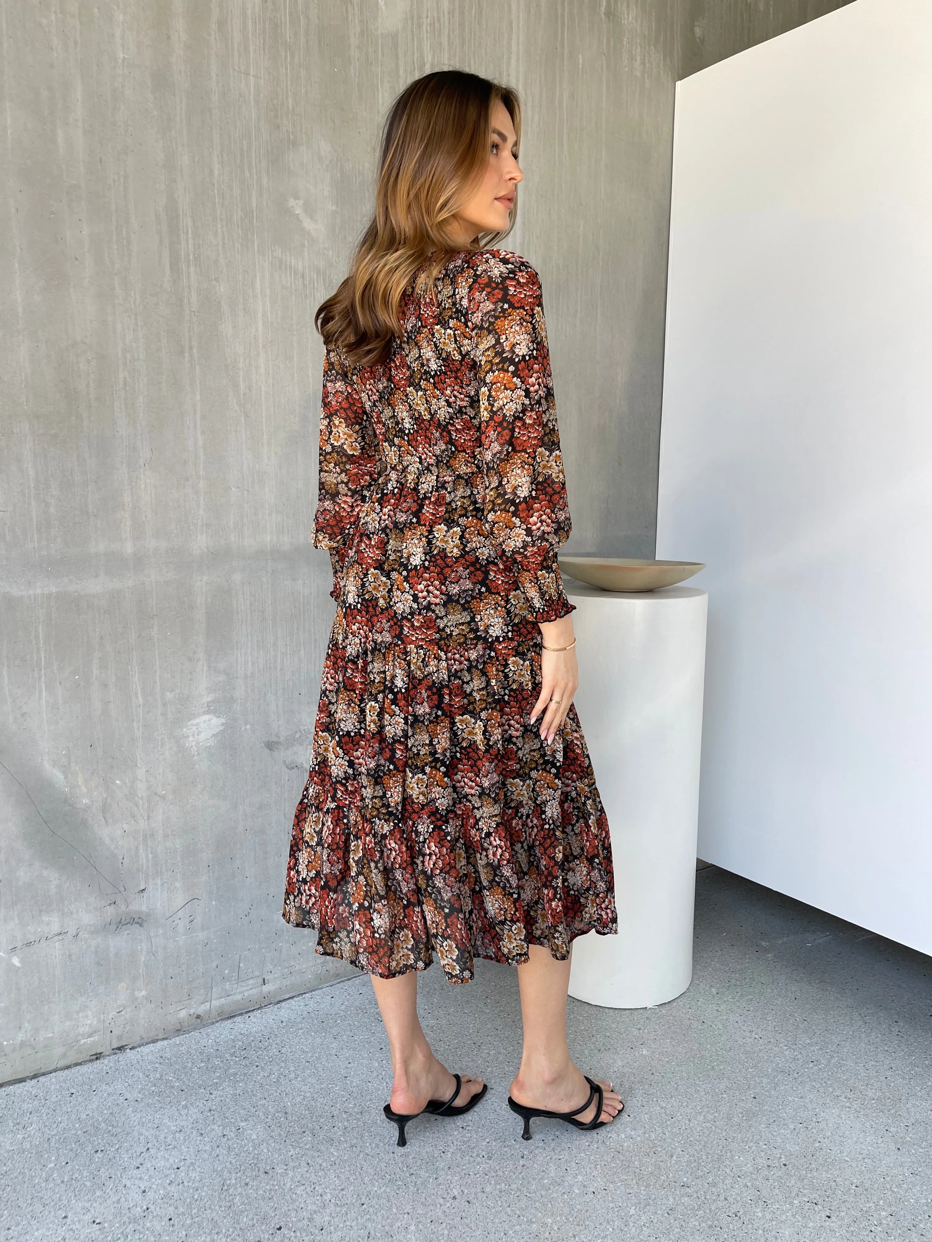 Jora Rust Floral Print Chiffon Shirred Autumn Midi Dress