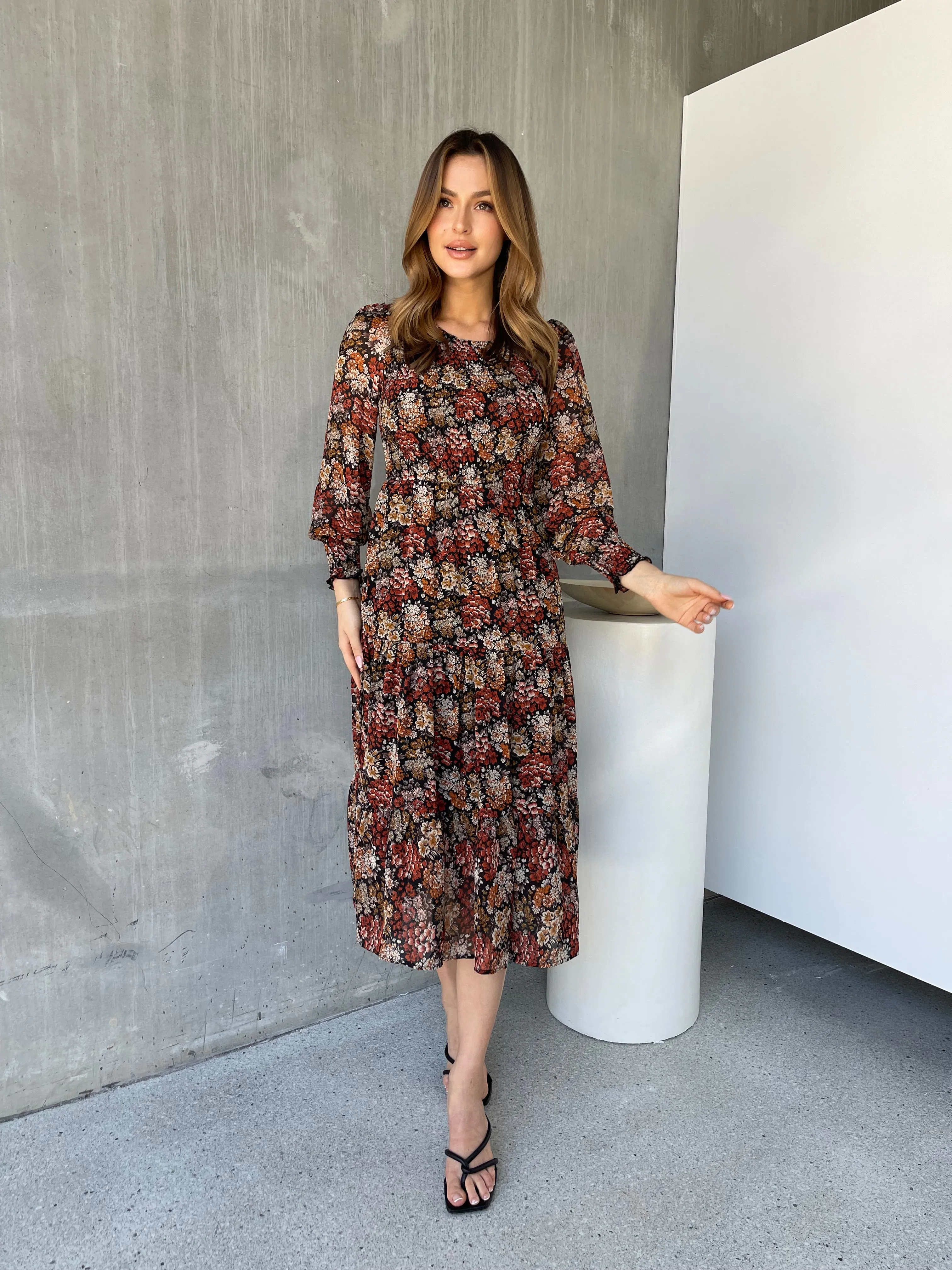 Jora Rust Floral Print Chiffon Shirred Autumn Midi Dress