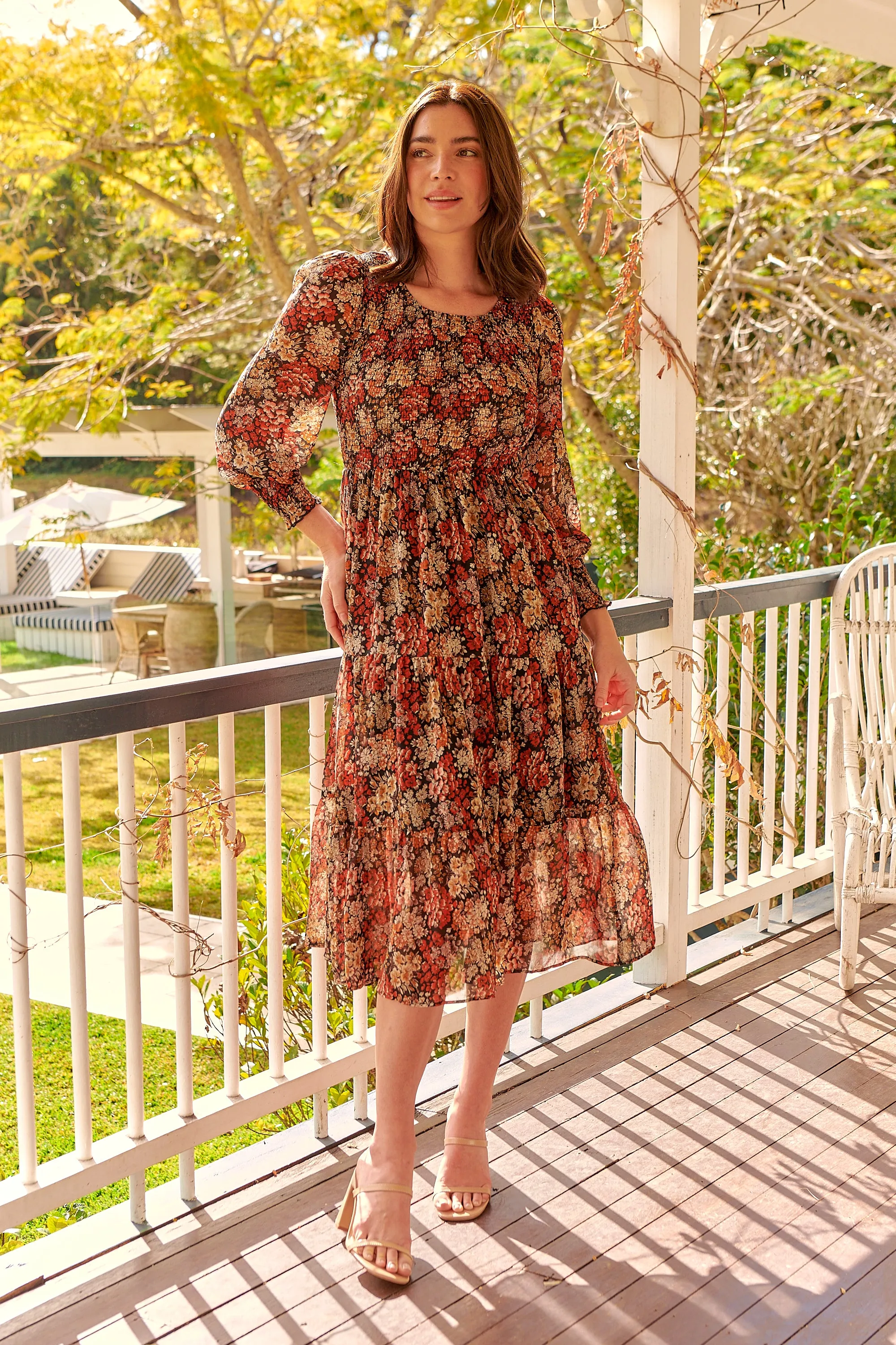 Jora Rust Floral Print Chiffon Shirred Autumn Midi Dress