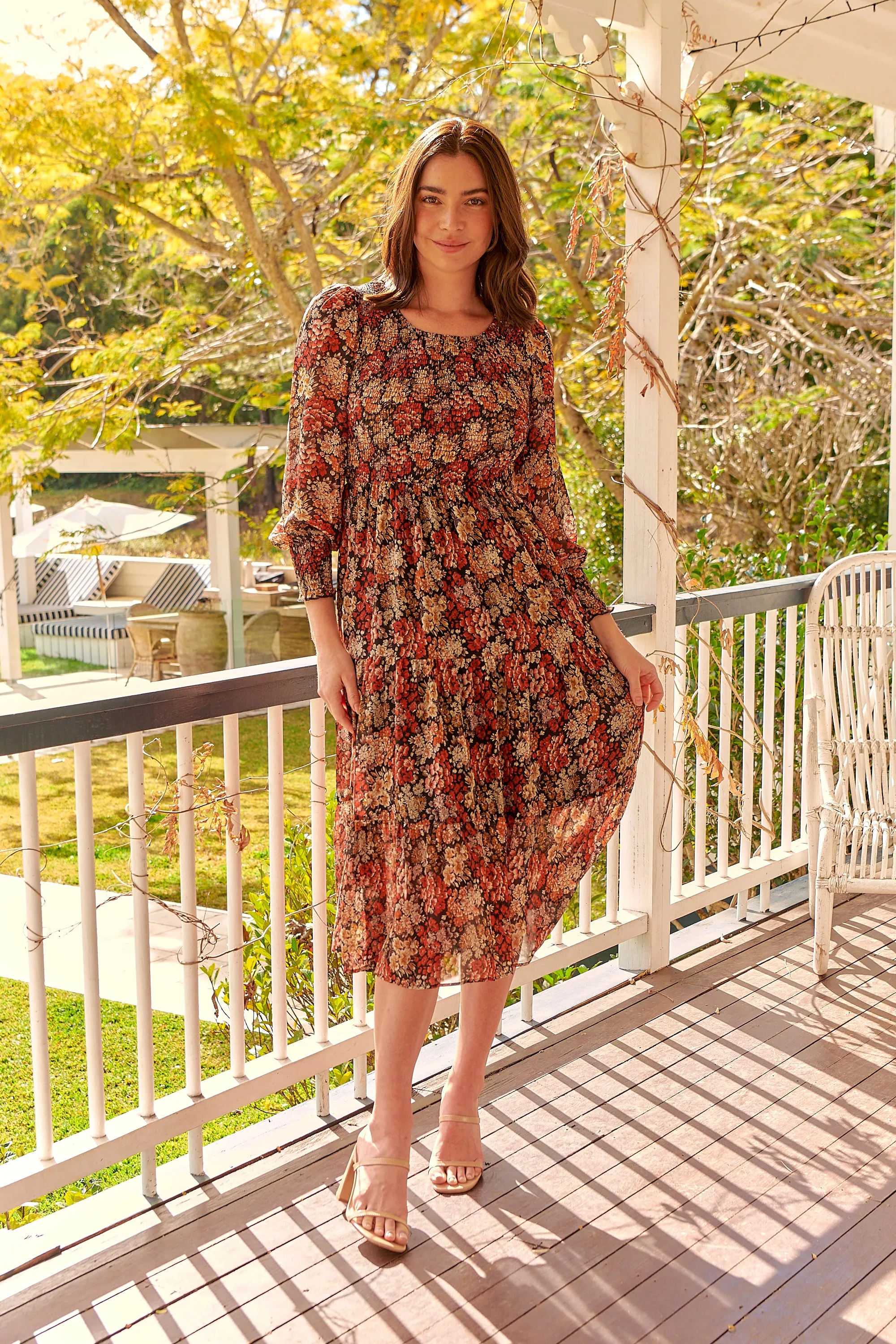 Jora Rust Floral Print Chiffon Shirred Autumn Midi Dress