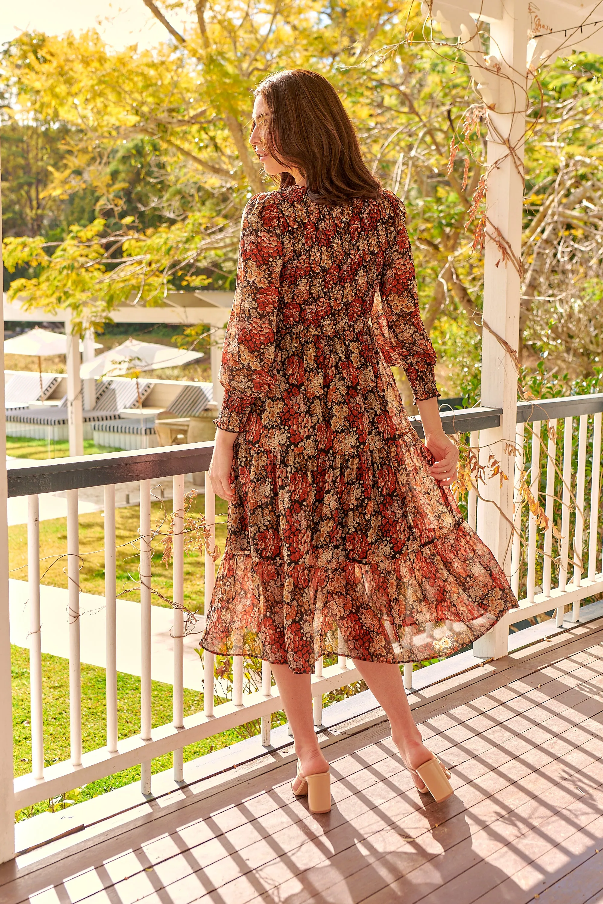 Jora Rust Floral Print Chiffon Shirred Autumn Midi Dress