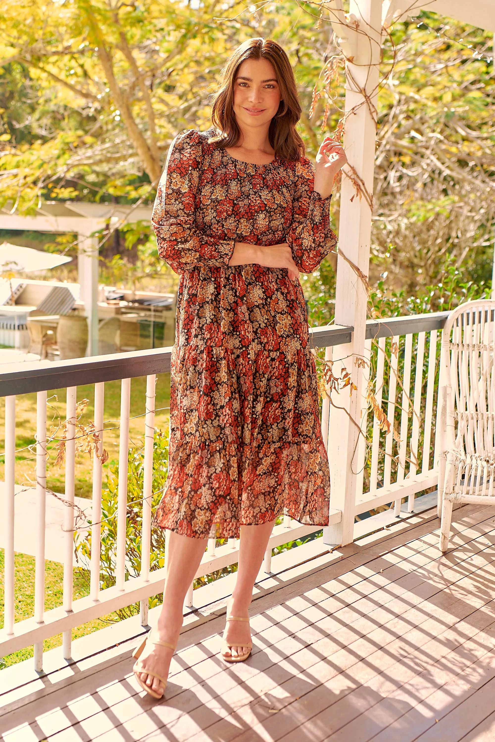 Jora Rust Floral Print Chiffon Shirred Autumn Midi Dress