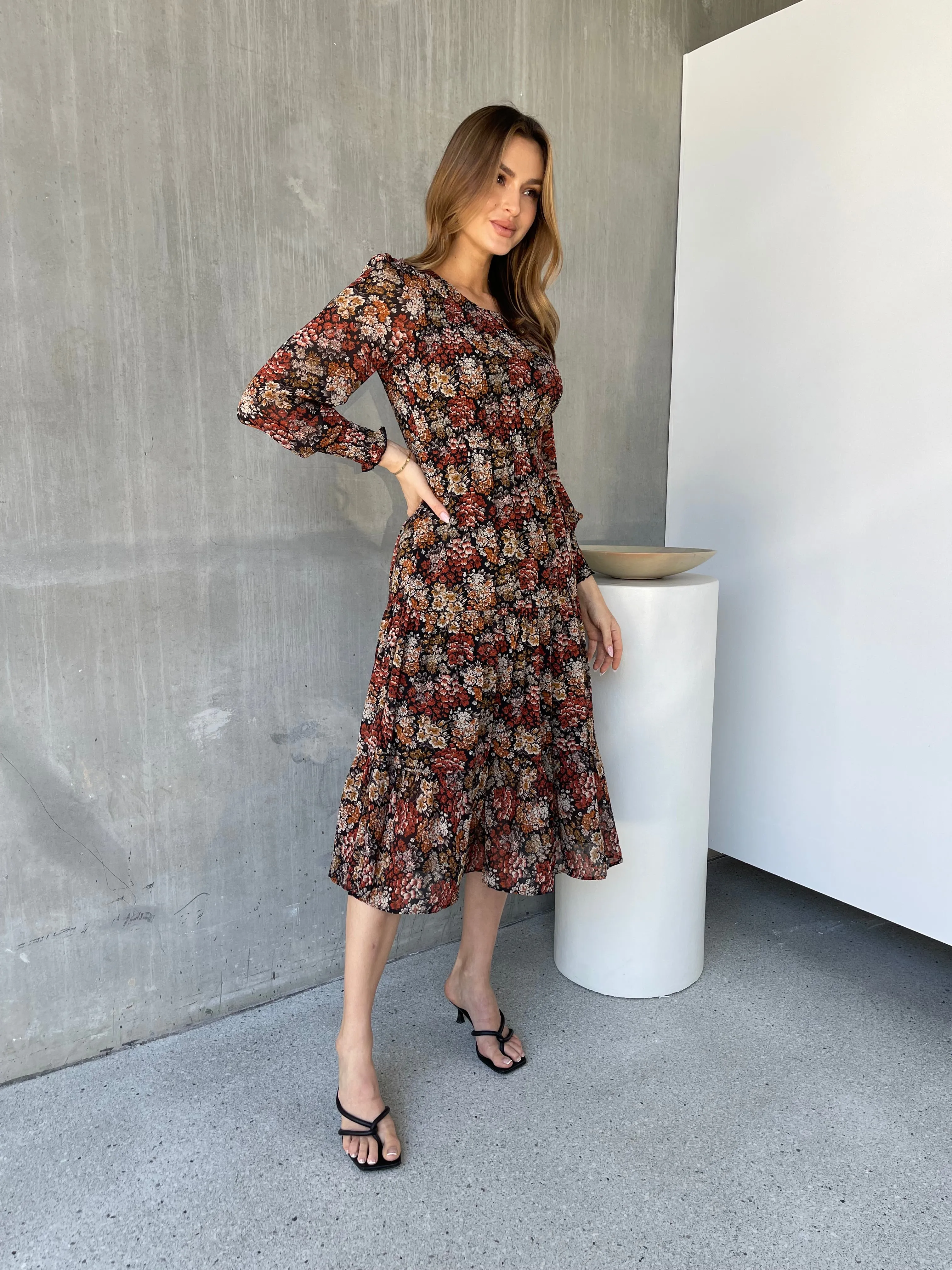 Jora Rust Floral Print Chiffon Shirred Autumn Midi Dress