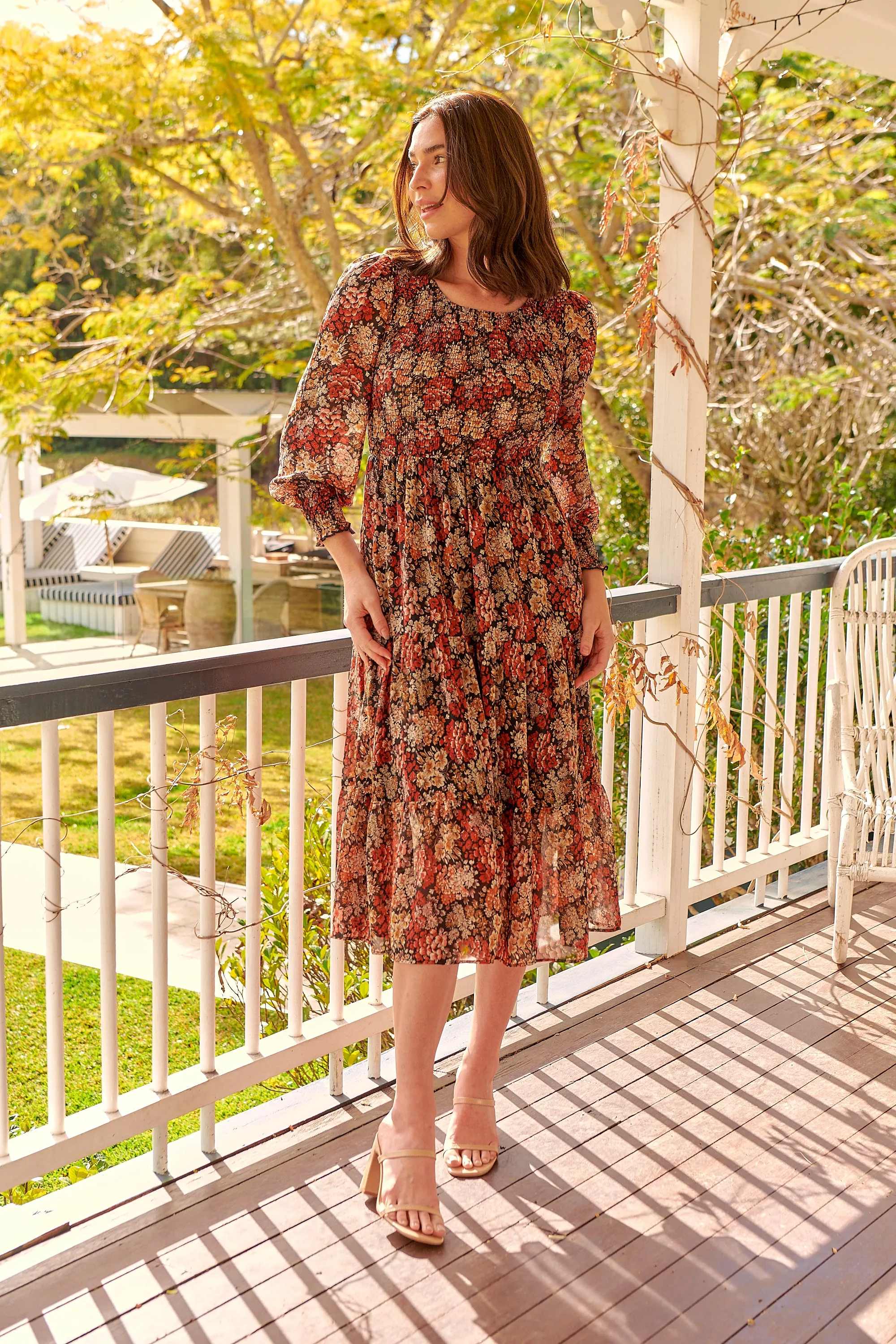 Jora Rust Floral Print Chiffon Shirred Autumn Midi Dress