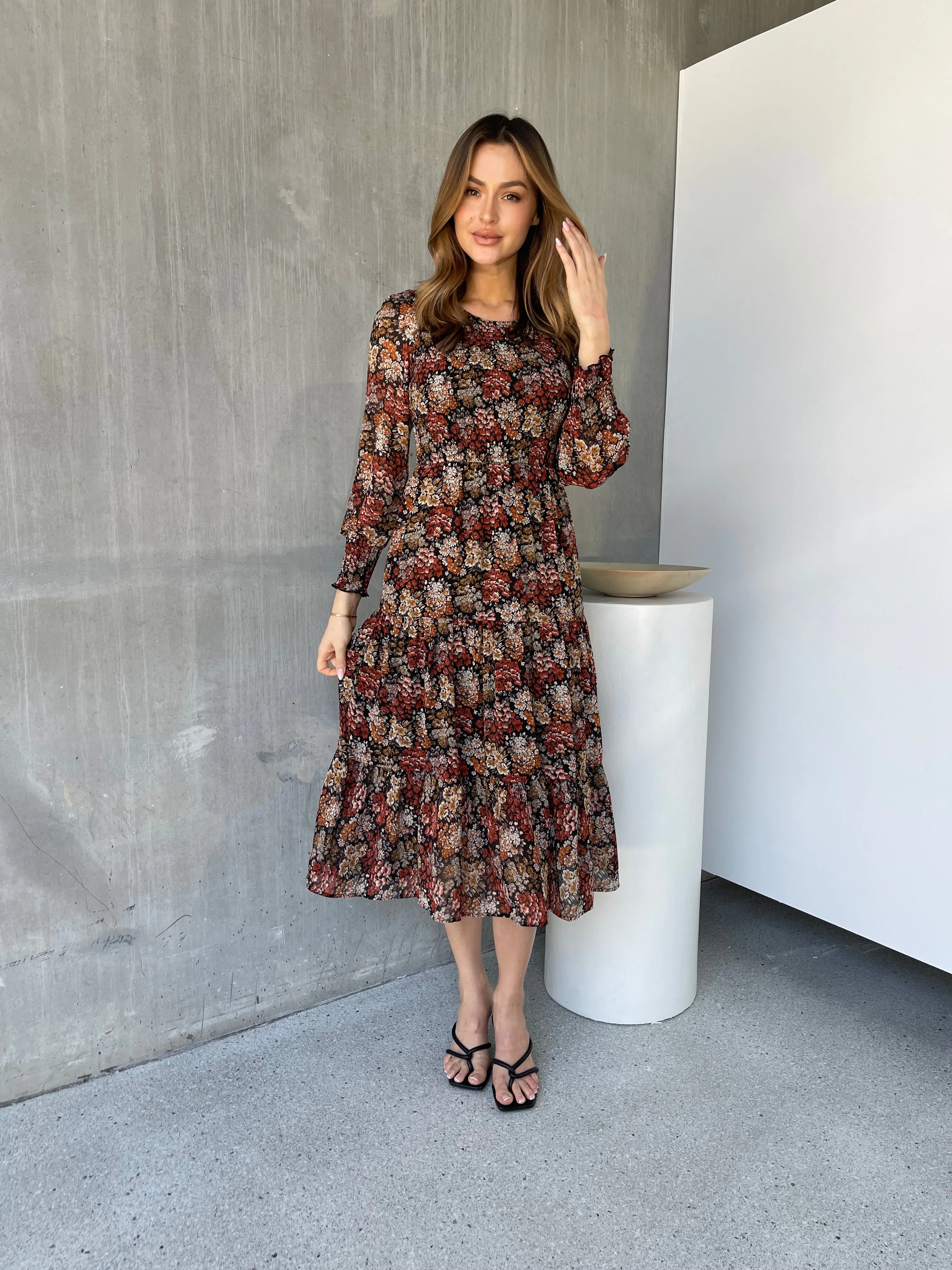 Jora Rust Floral Print Chiffon Shirred Autumn Midi Dress