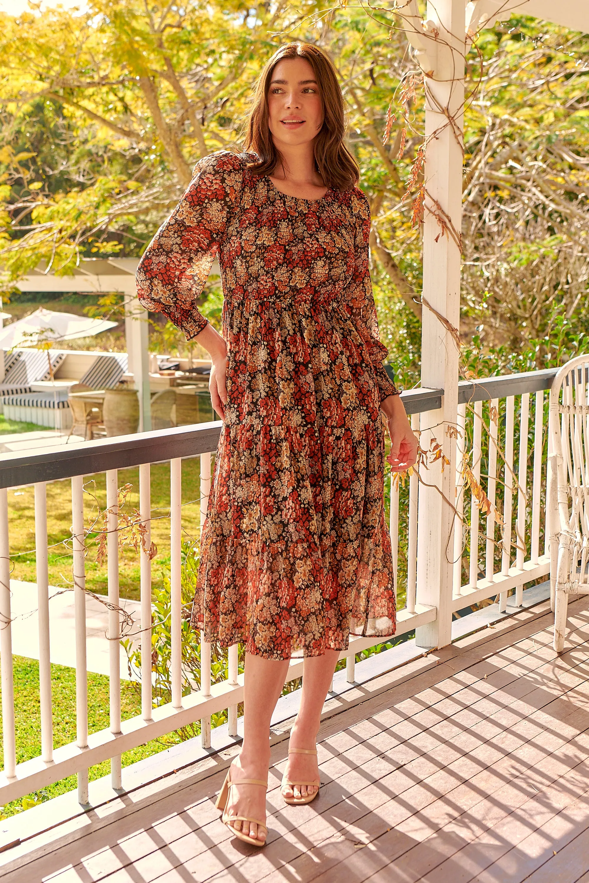 Jora Rust Floral Print Chiffon Shirred Autumn Midi Dress