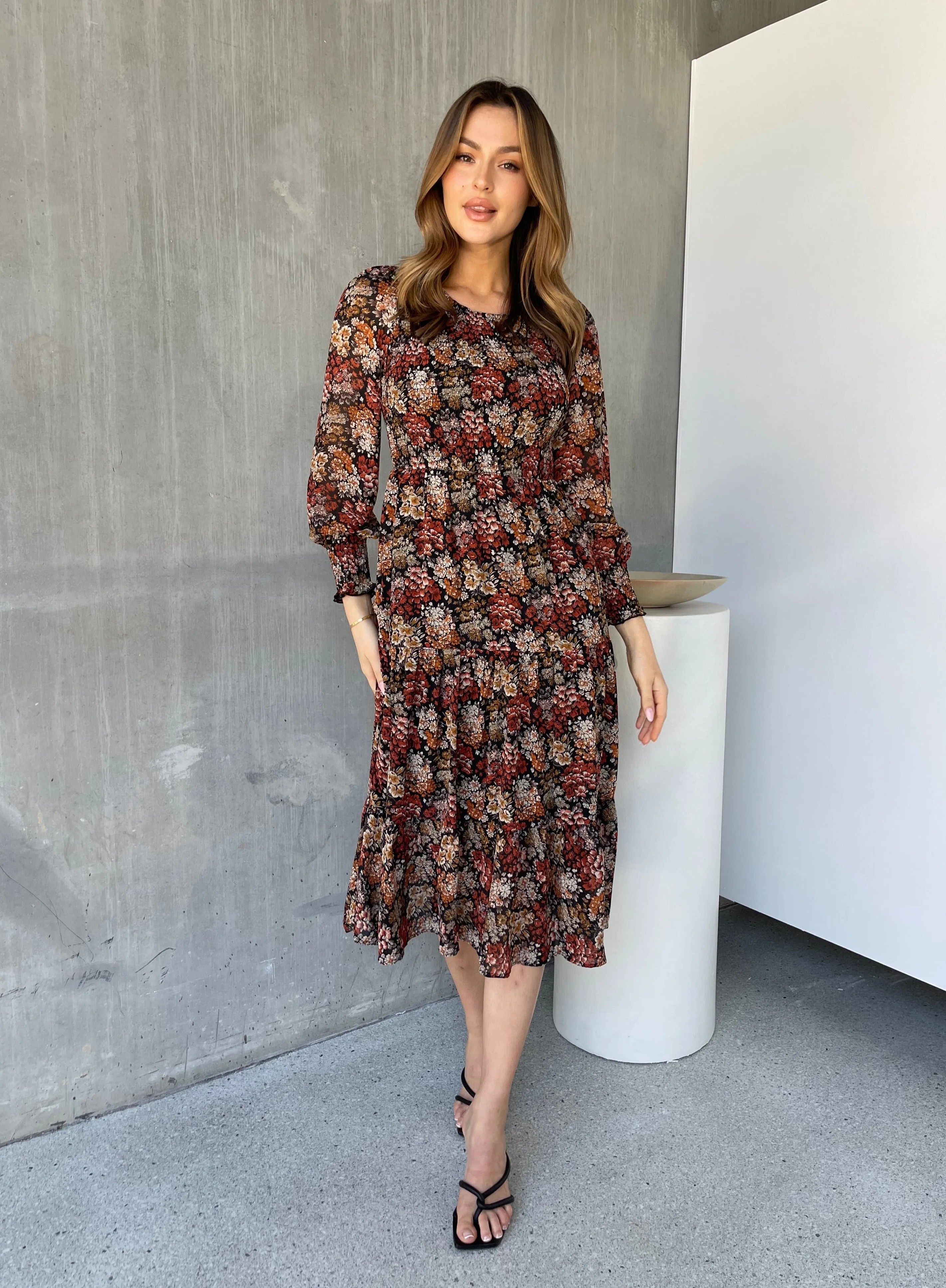 Jora Rust Floral Print Chiffon Shirred Autumn Midi Dress