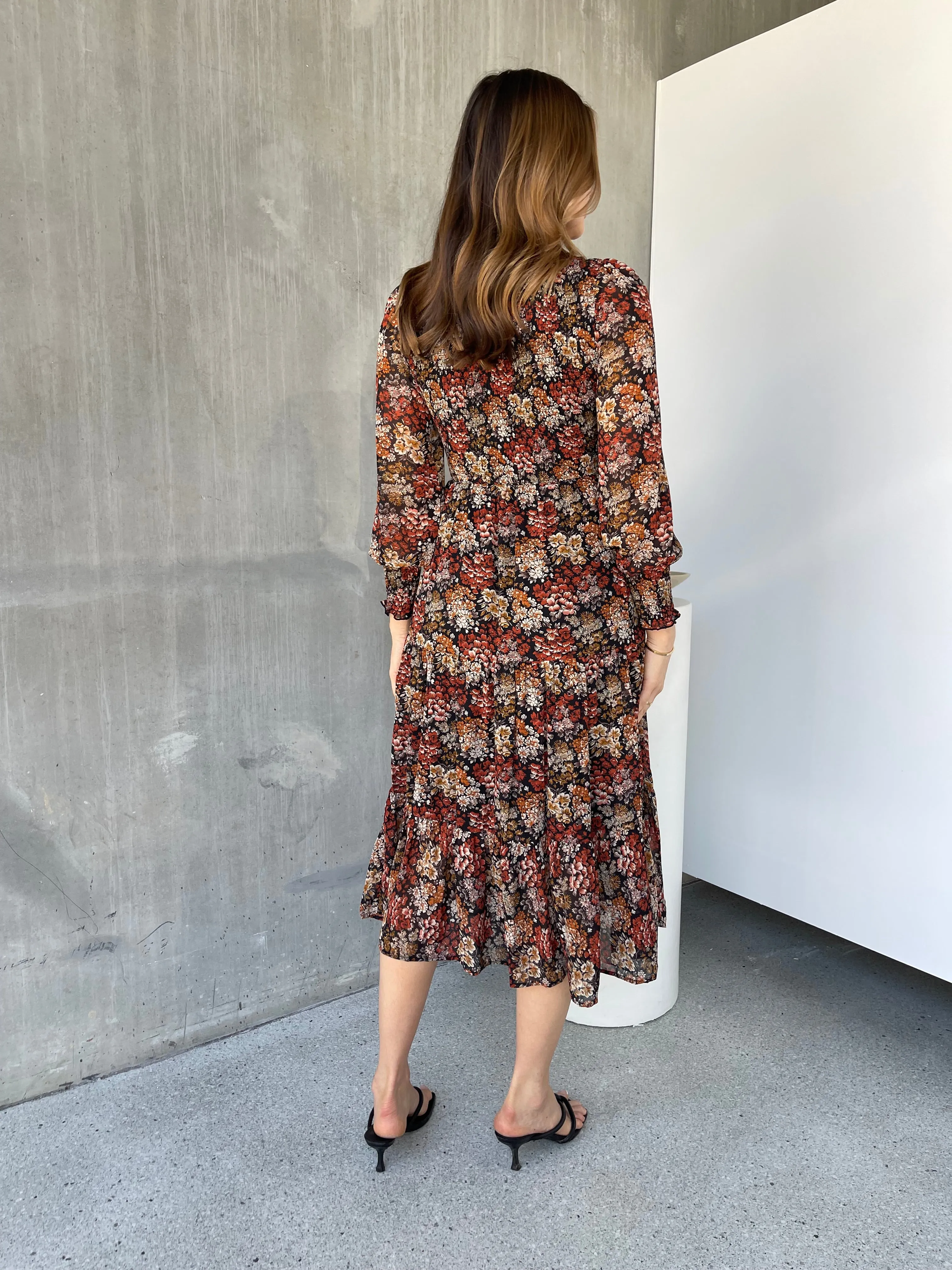 Jora Rust Floral Print Chiffon Shirred Autumn Midi Dress