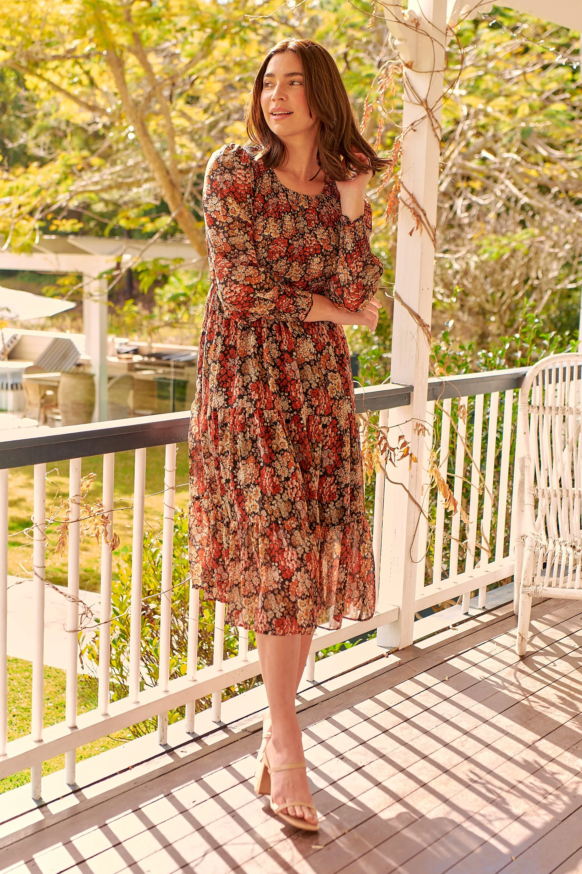 Jora Rust Floral Print Chiffon Shirred Autumn Midi Dress