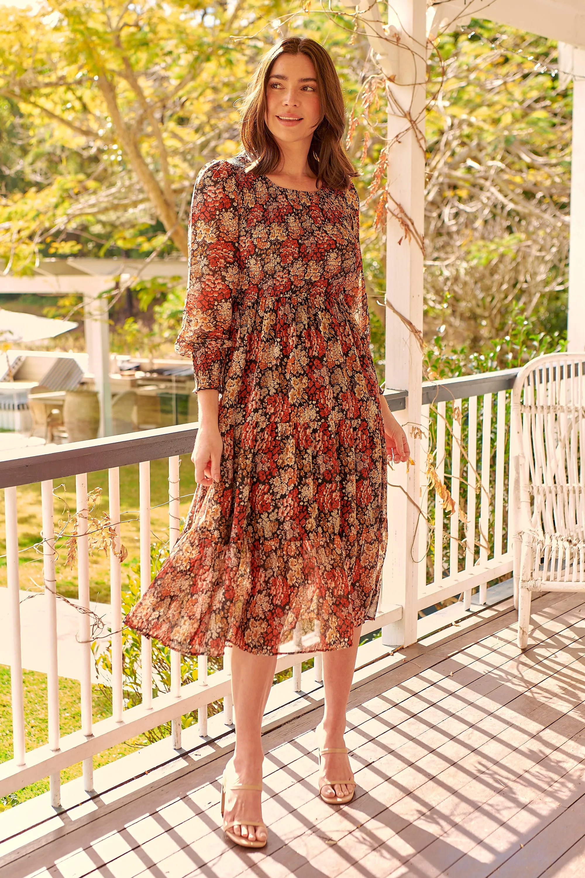 Jora Rust Floral Print Chiffon Shirred Autumn Midi Dress