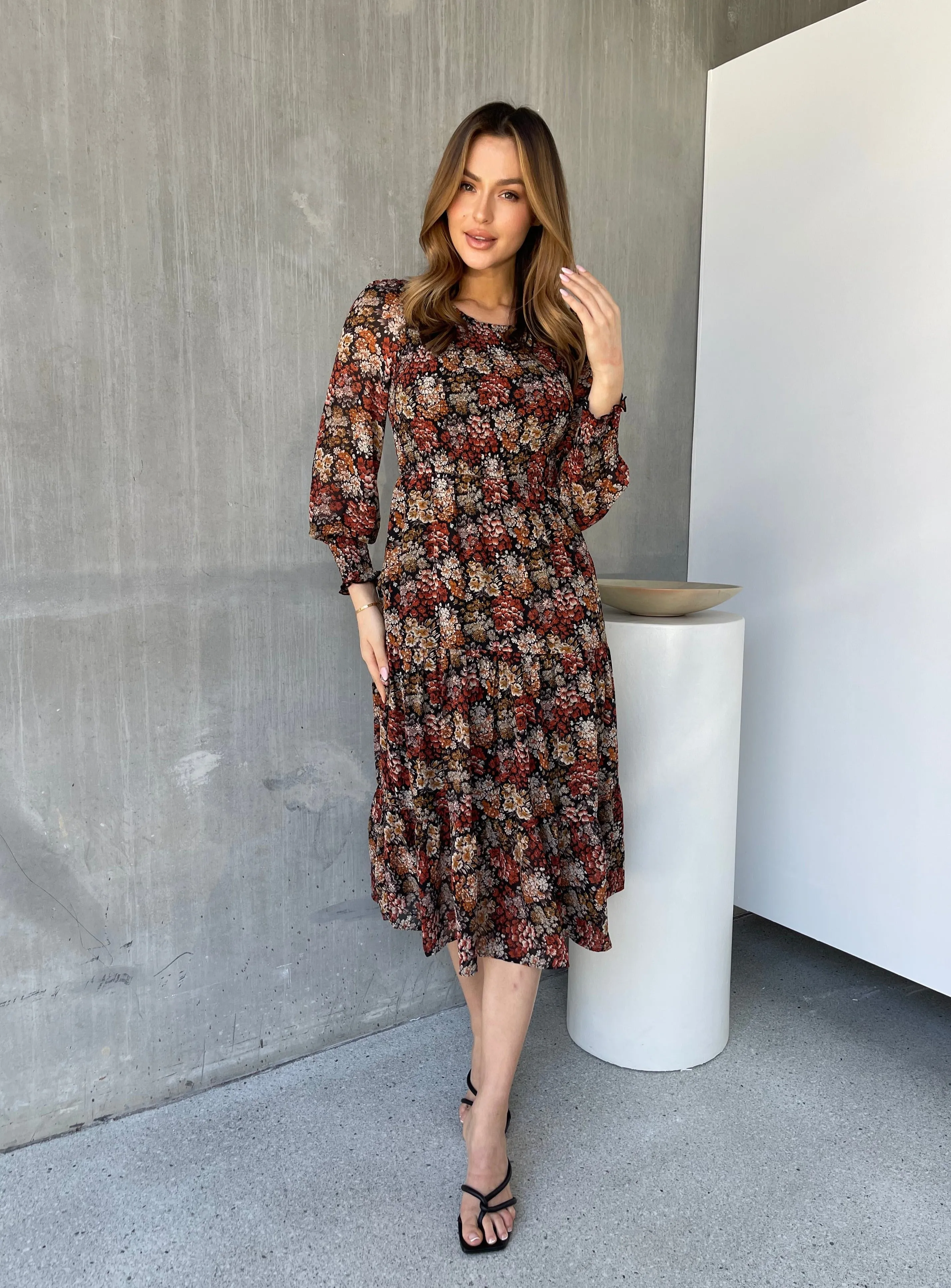 Jora Rust Floral Print Chiffon Shirred Autumn Midi Dress