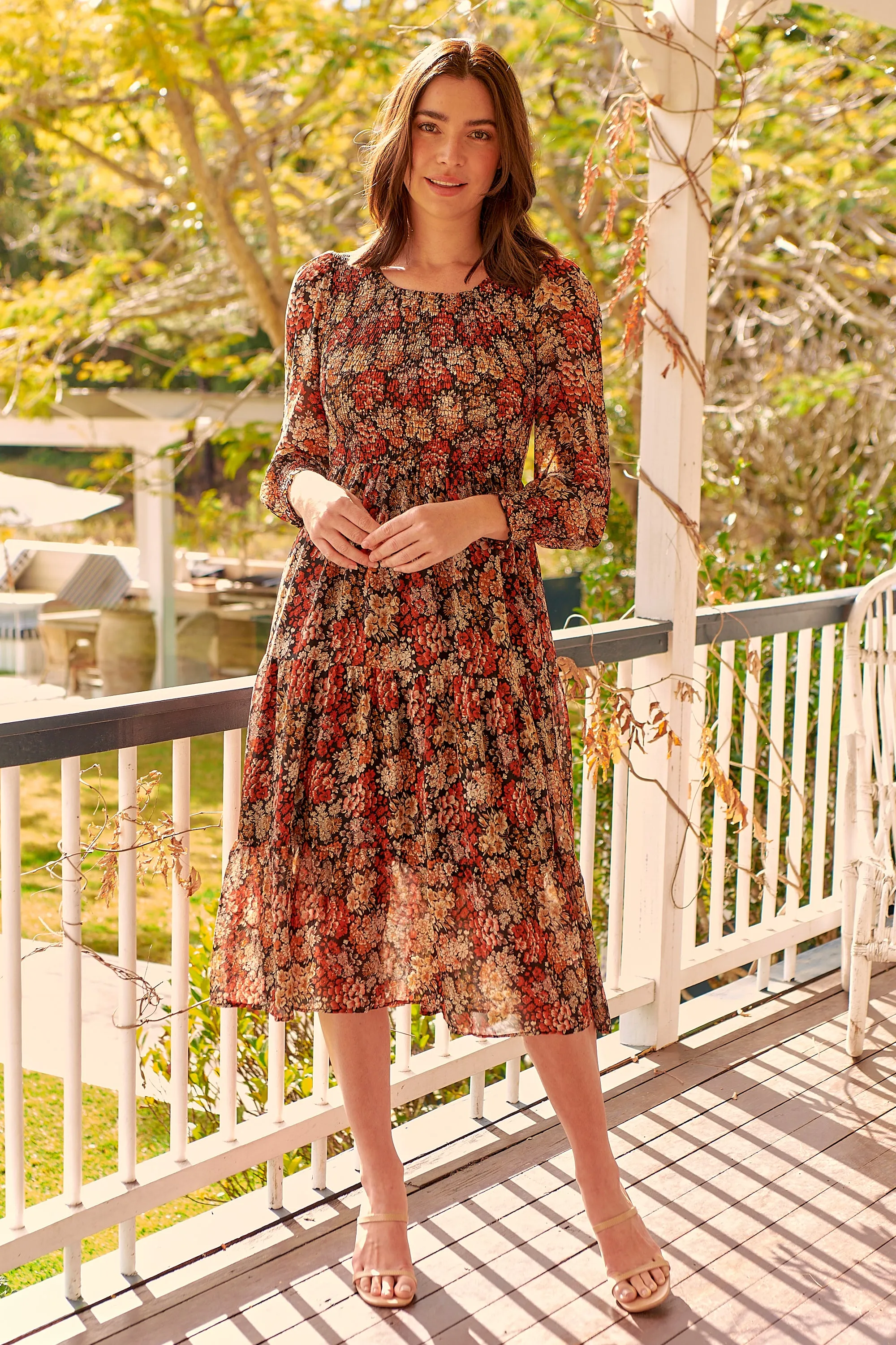 Jora Rust Floral Print Chiffon Shirred Autumn Midi Dress