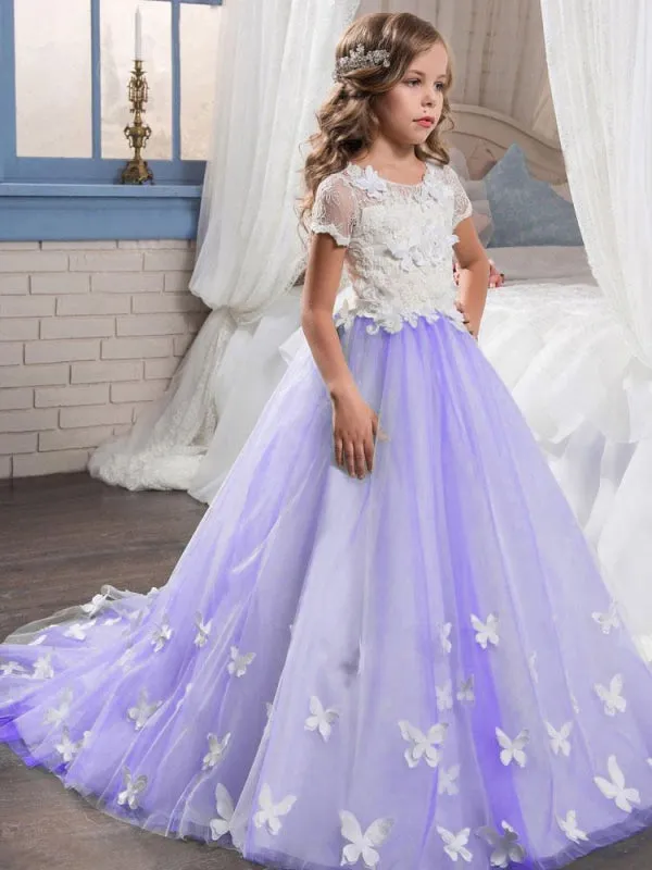 Lace Short Sleeves Flower Girl Dresses Butterfly Ankle Length Ball Gown Formal Kids Pageant Dresses