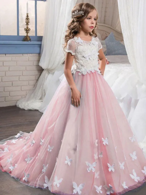 Lace Short Sleeves Flower Girl Dresses Butterfly Ankle Length Ball Gown Formal Kids Pageant Dresses