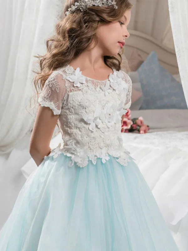 Lace Short Sleeves Flower Girl Dresses Butterfly Ankle Length Ball Gown Formal Kids Pageant Dresses