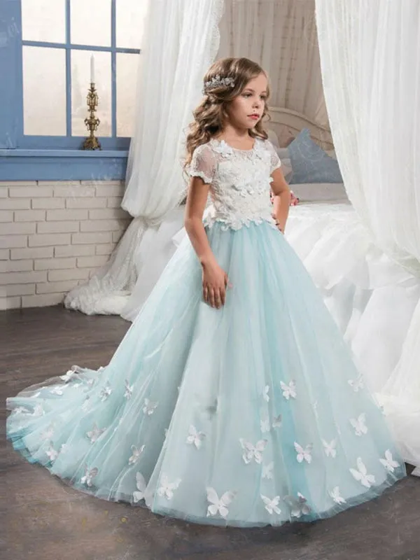 Lace Short Sleeves Flower Girl Dresses Butterfly Ankle Length Ball Gown Formal Kids Pageant Dresses