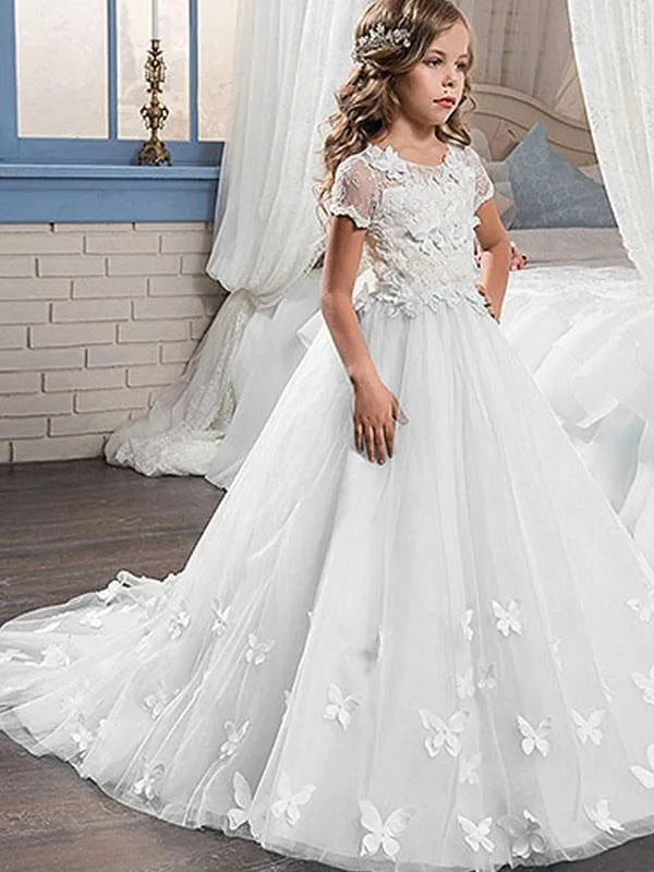 Lace Short Sleeves Flower Girl Dresses Butterfly Ankle Length Ball Gown Formal Kids Pageant Dresses