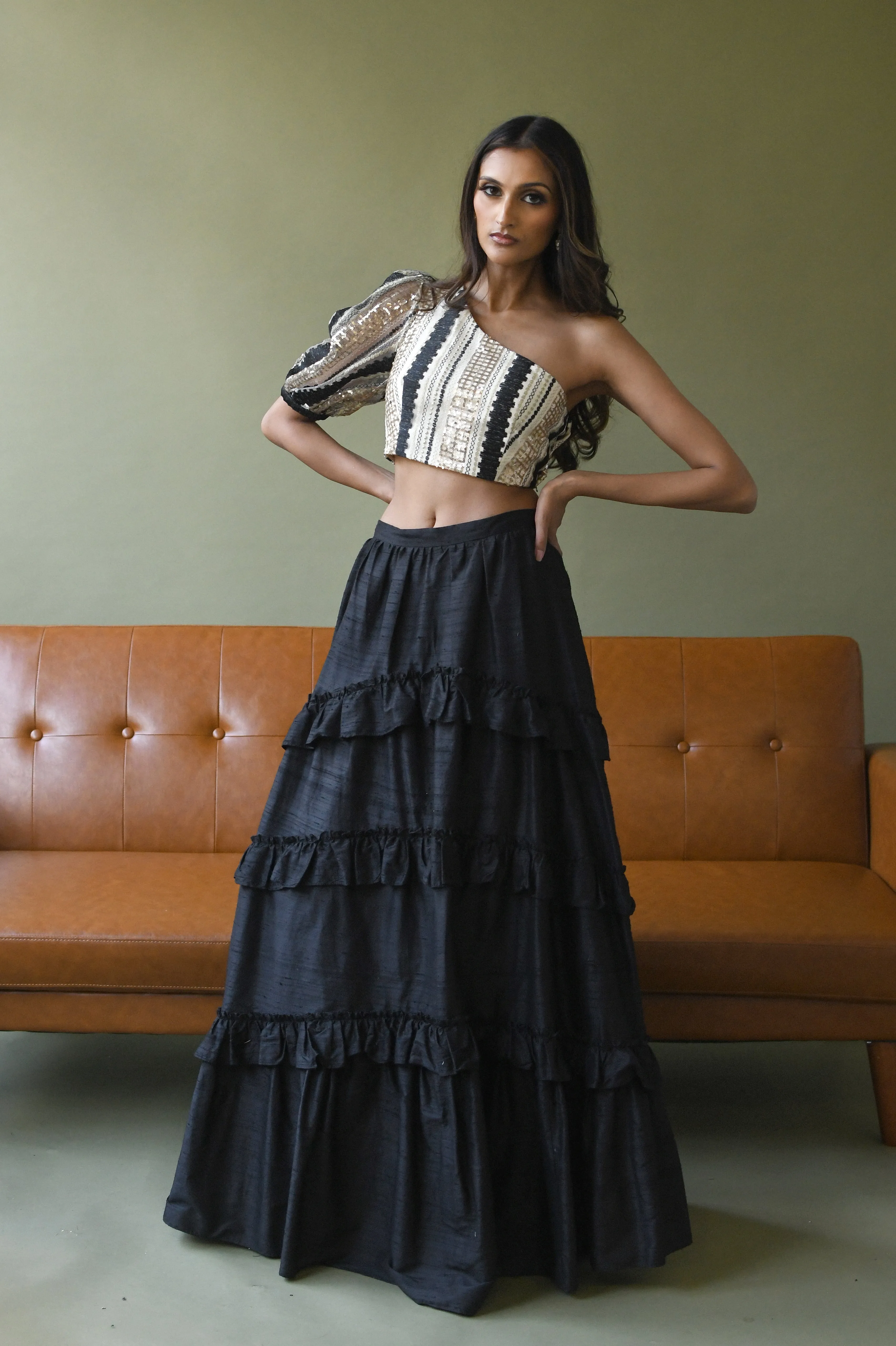 LEYA Black and Gold One Shoulder Lehenga Top