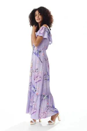 Liquorish Floral And Bird Print Off Shoulder Maxi Dress