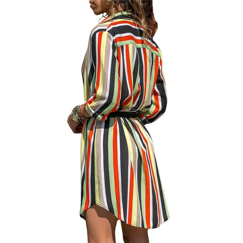 Long Sleeve Shirt Dress Summer Chiffon Boho Beach Dresses Women Casual Striped Print A-line Mini Party Dress Vestidos