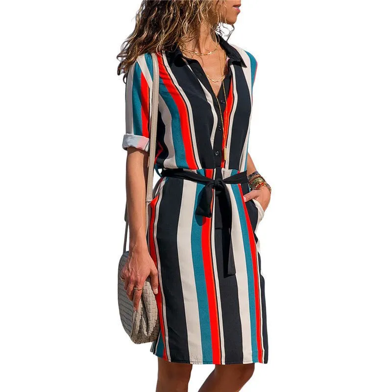 Long Sleeve Shirt Dress Summer Chiffon Boho Beach Dresses Women Casual Striped Print A-line Mini Party Dress Vestidos