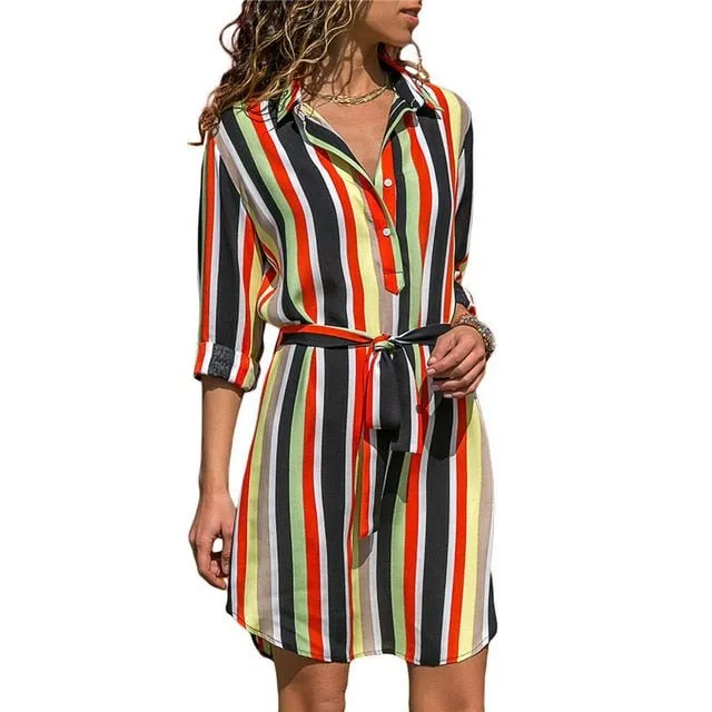 Long Sleeve Shirt Dress Summer Chiffon Boho Beach Dresses Women Casual Striped Print A-line Mini Party Dress Vestidos