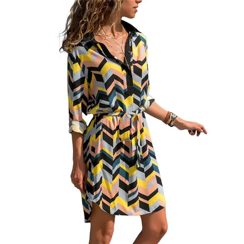 Long Sleeve Shirt Dress Summer Chiffon Boho Beach Dresses Women Casual Striped Print A-line Mini Party Dress Vestidos