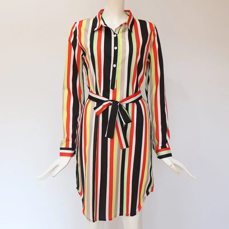 Long Sleeve Shirt Dress Summer Chiffon Boho Beach Dresses Women Casual Striped Print A-line Mini Party Dress Vestidos