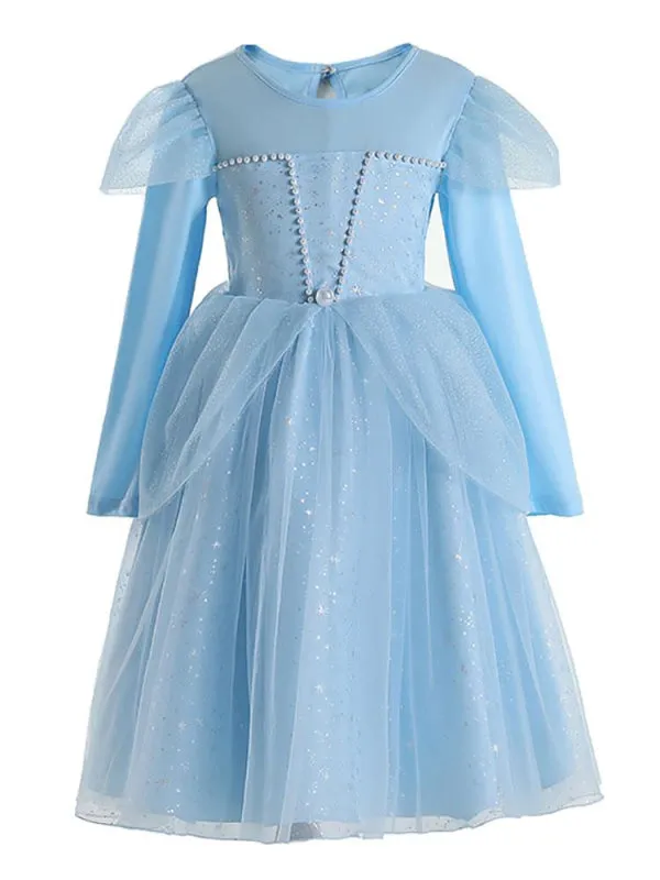 Long Sleeves Knee-Length A-Line Beaded Flower Girl Dresses Light Blue Jewel Neck Formal Kids Pageant Dresses