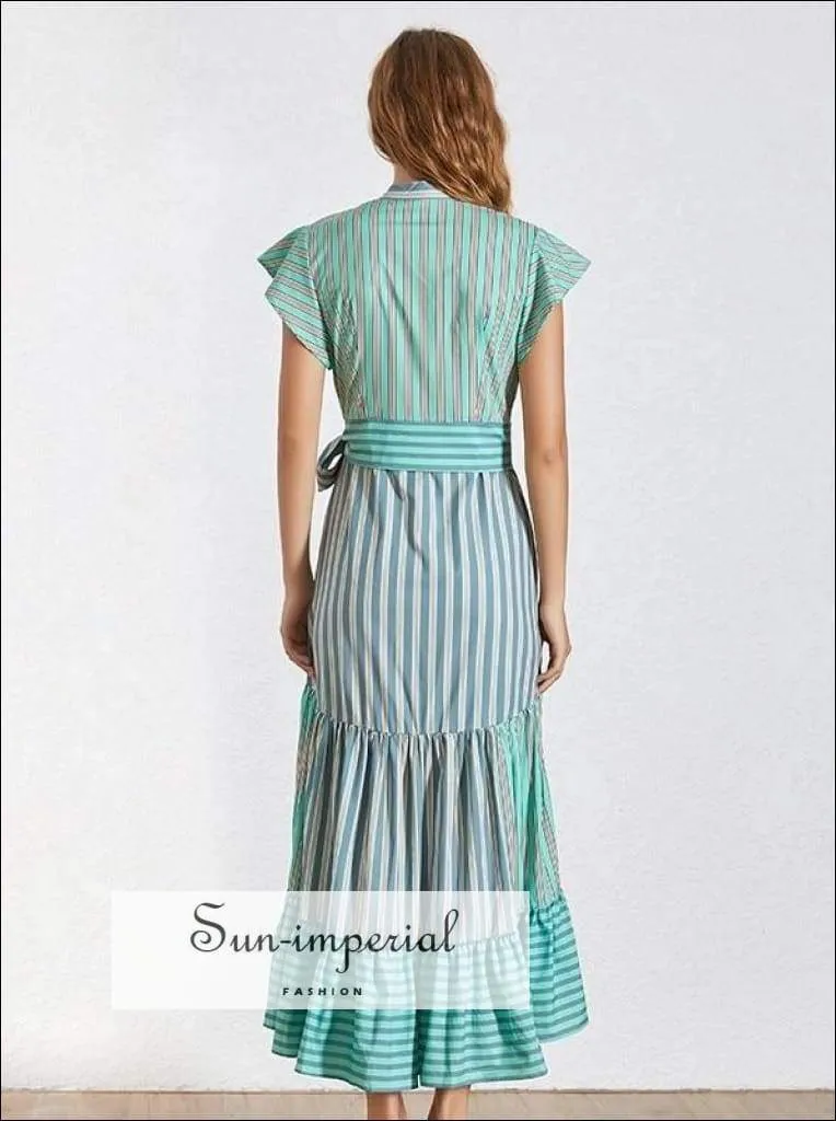 Lyric Dress- Summer Striped Women Dress V Neck Short Sleeve High Waist Asymmetrical Dresses