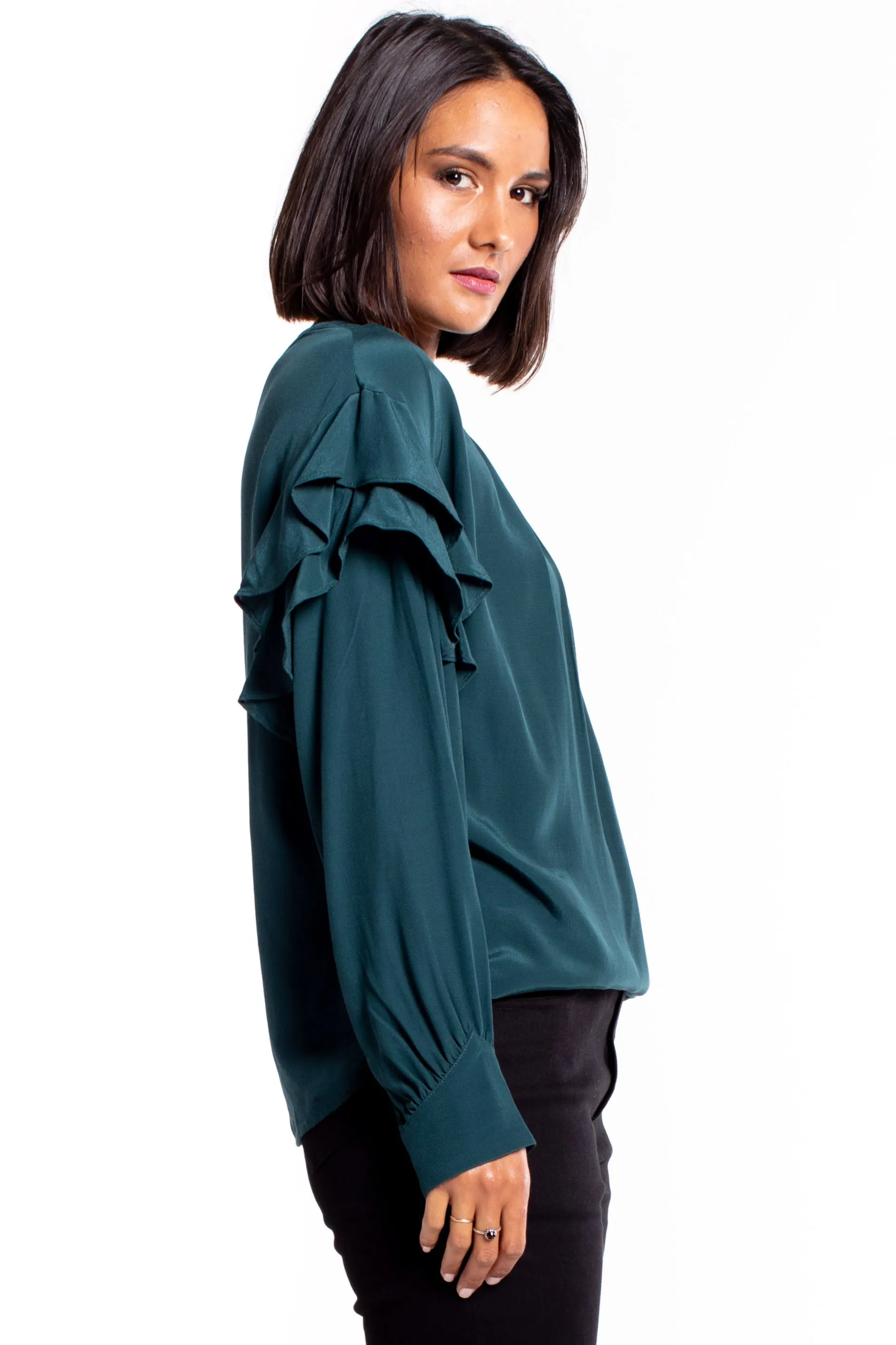 Miller Dark Teal Frill Shoulder LS Top