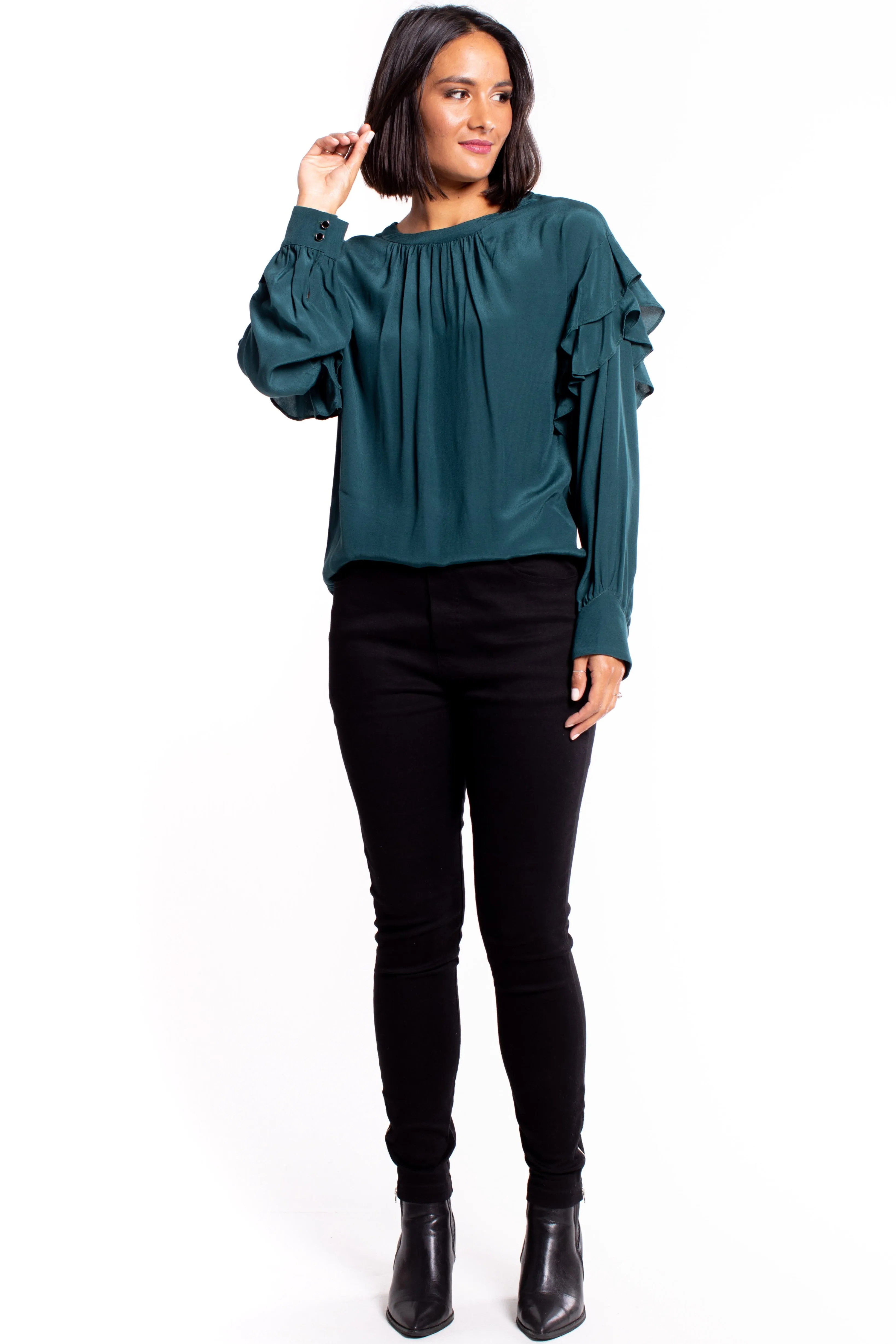 Miller Dark Teal Frill Shoulder LS Top