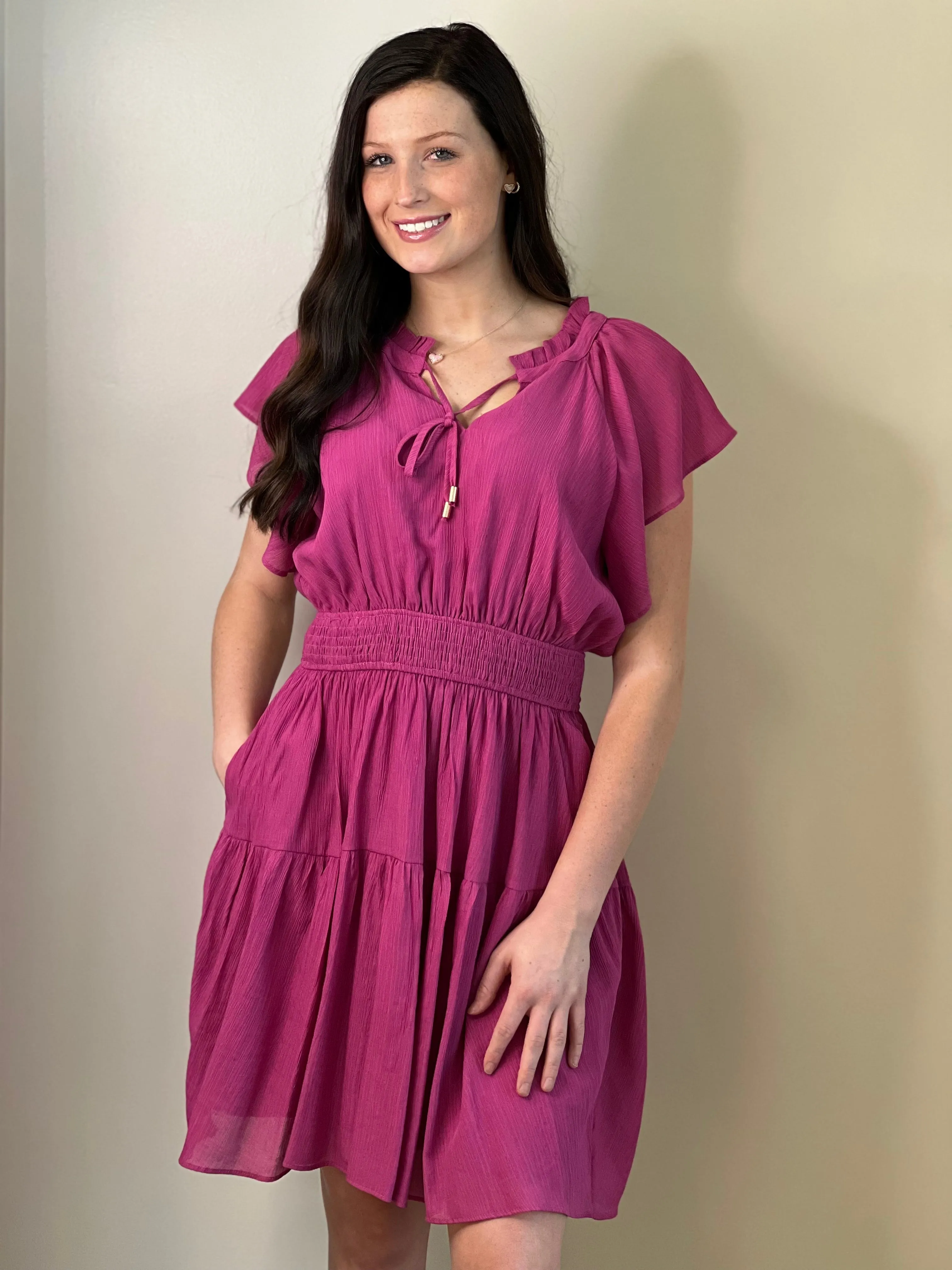 Mollie Magenta Crinkle Ruffle Dress