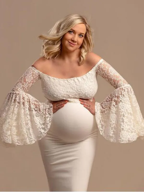 Momnfancy Lace Off Shoulder Flare Sleeve Mermaid Babyshower  Maternity Dress