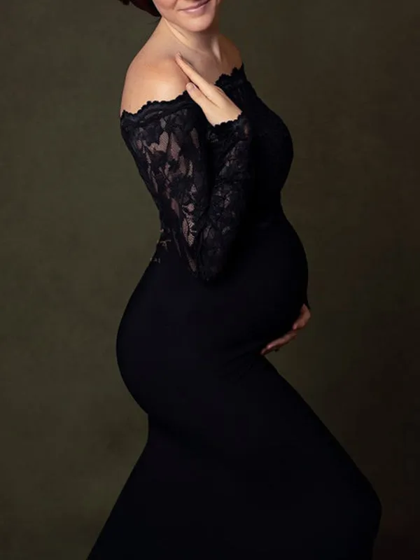 Momnfancy Lace Off Shoulder Mermaid Babyshower Maternity Maxi Dress