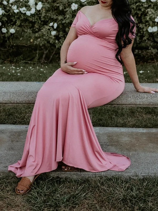 Momnfancy Pink Off Shoulder Long Train Gown Photoshoot Elegant Maternity Maxi Dress