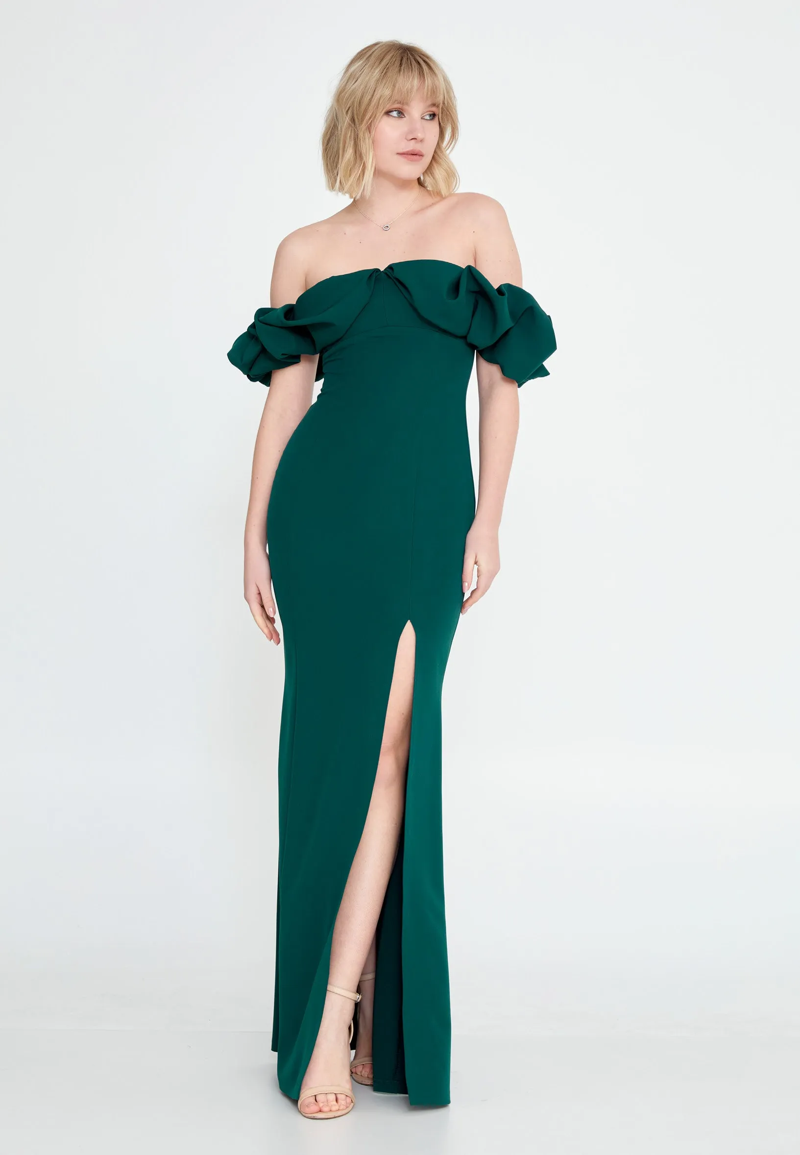 Off-Shoulder Maxi Crepe Mermaid Wedding Guest Dress with Slit - Green