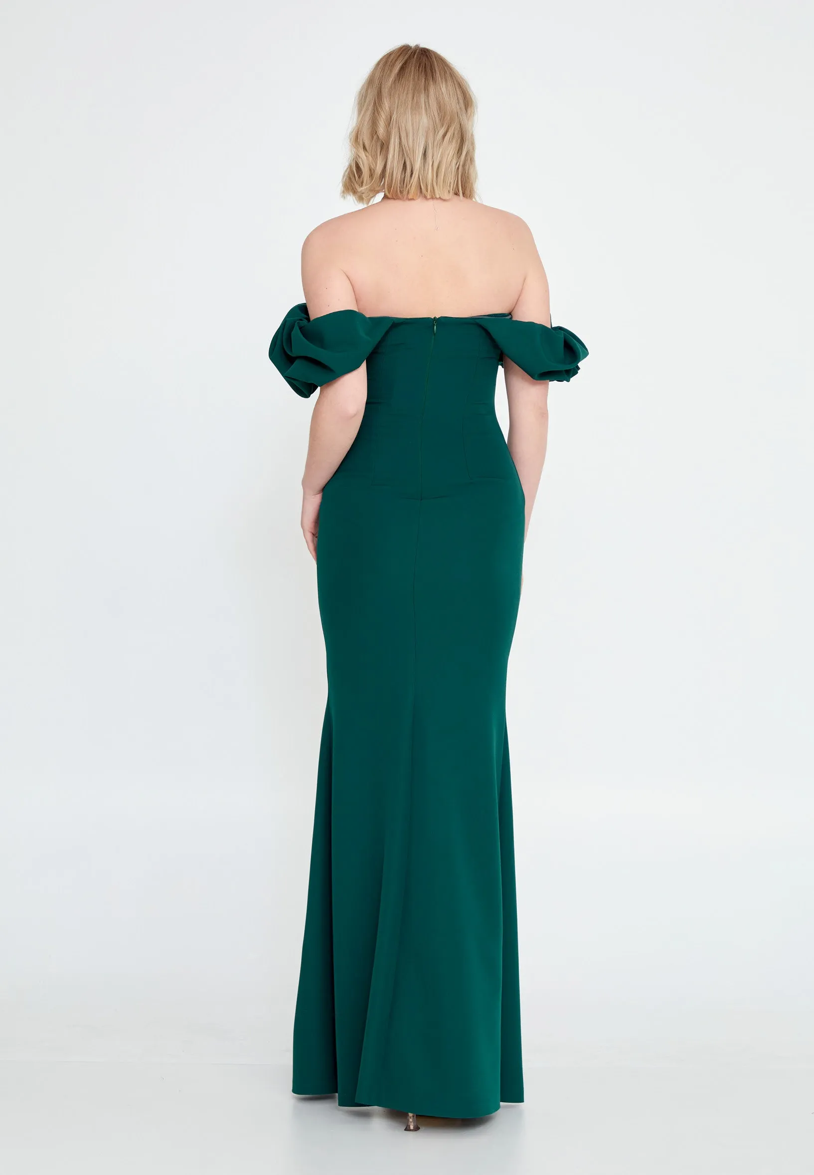 Off-Shoulder Maxi Crepe Mermaid Wedding Guest Dress with Slit - Green