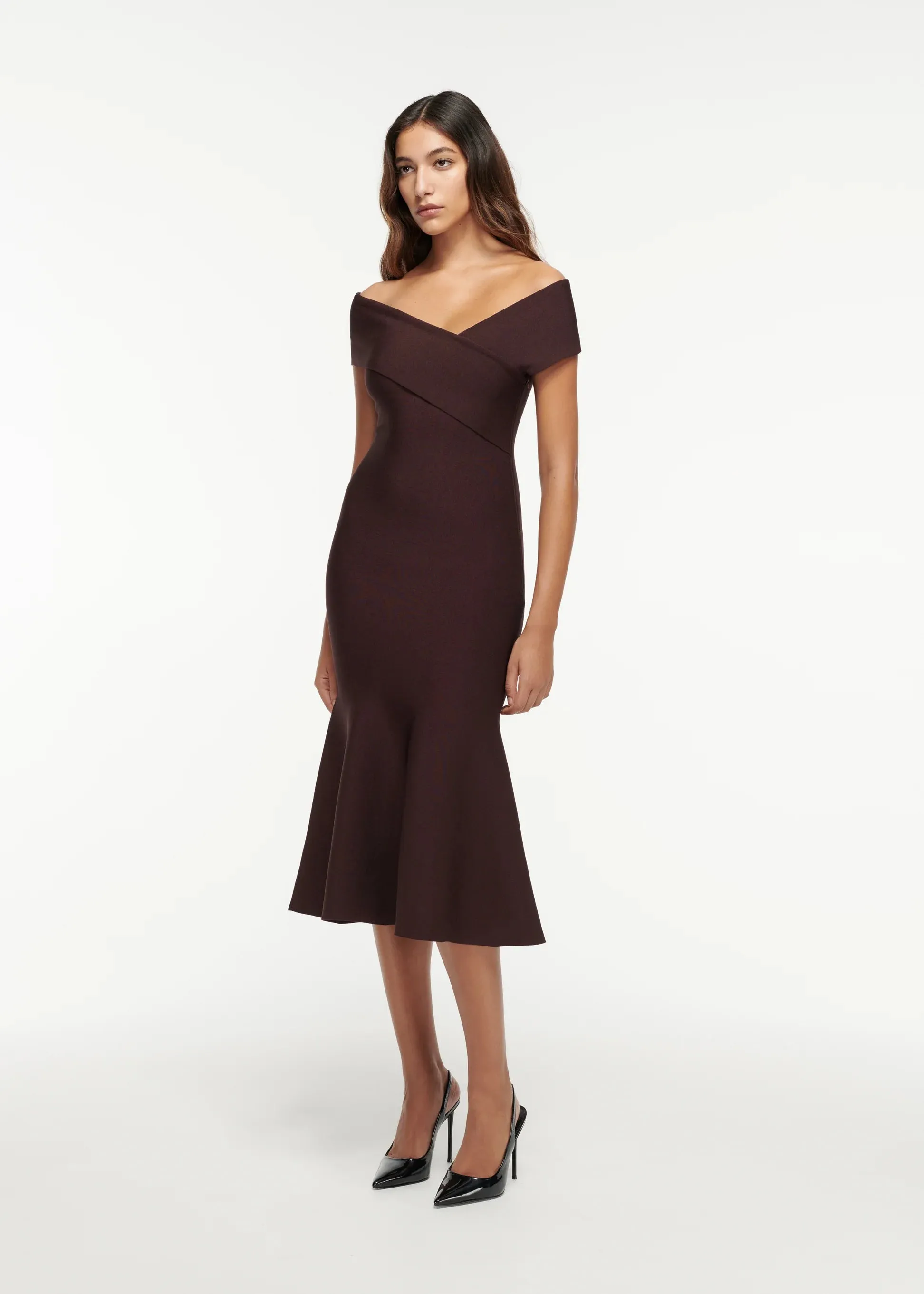 Off The Shoulder Knit Midi Dress in Brown