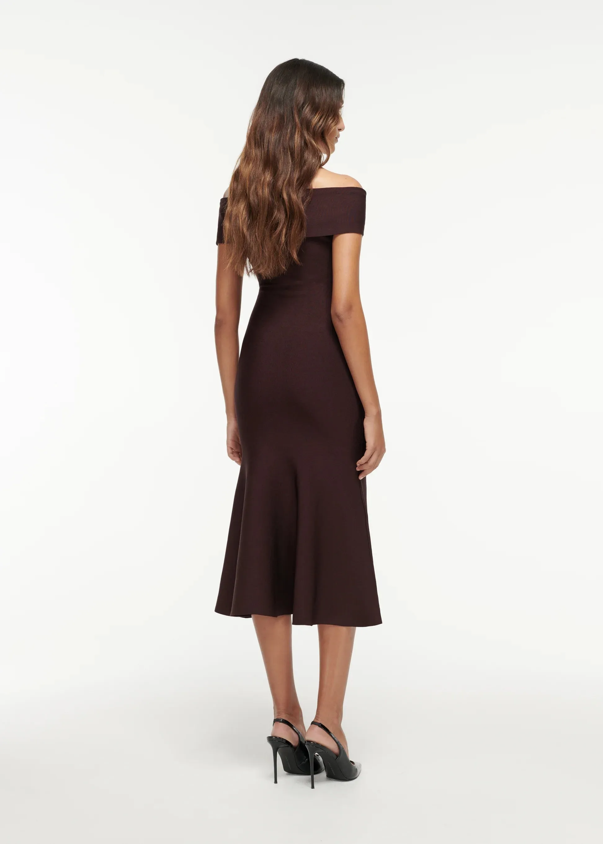 Off The Shoulder Knit Midi Dress in Brown